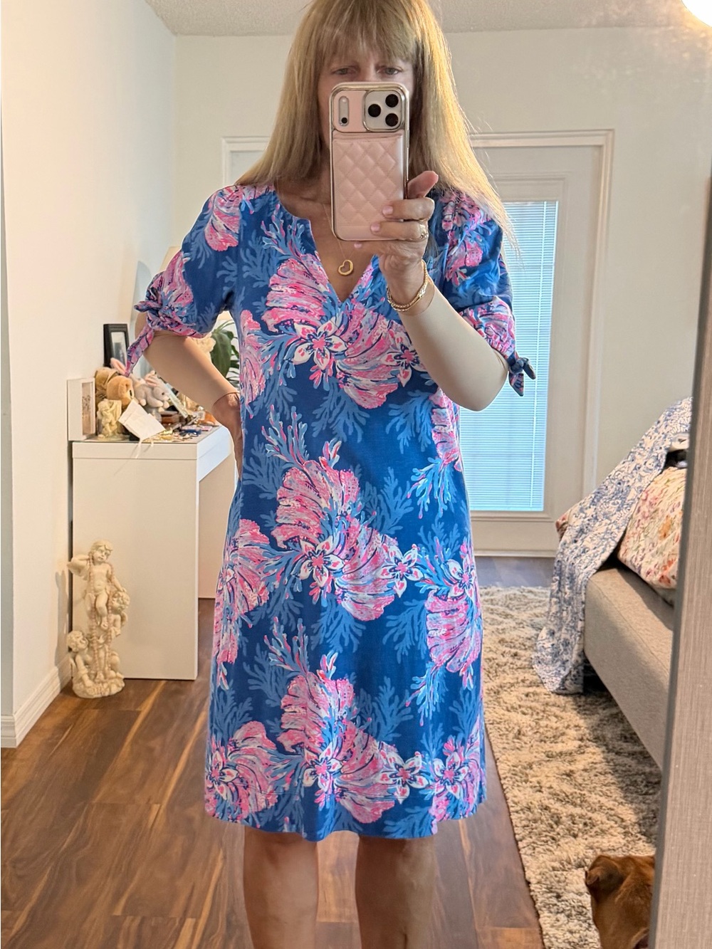Blue Floral V-Neck Women’s Dress with Pink Print